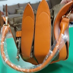 Two-Tone Orange and Khaki Leather-Trim Shoulder Bag